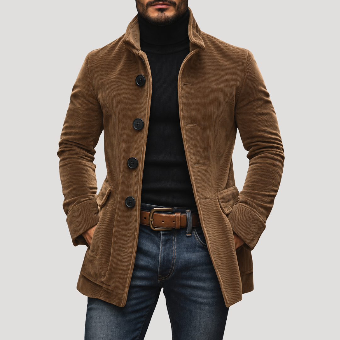 Manteau Boutonné à Col Officier Effet Velours Côtelé pour Homme