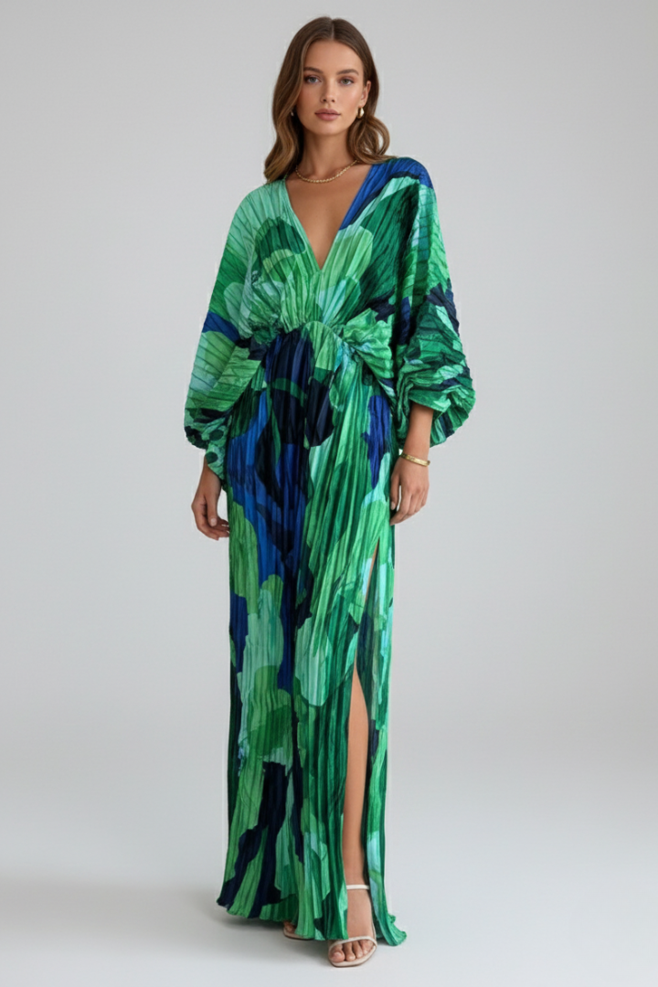 Robe longue plissée Femme bohème à col V