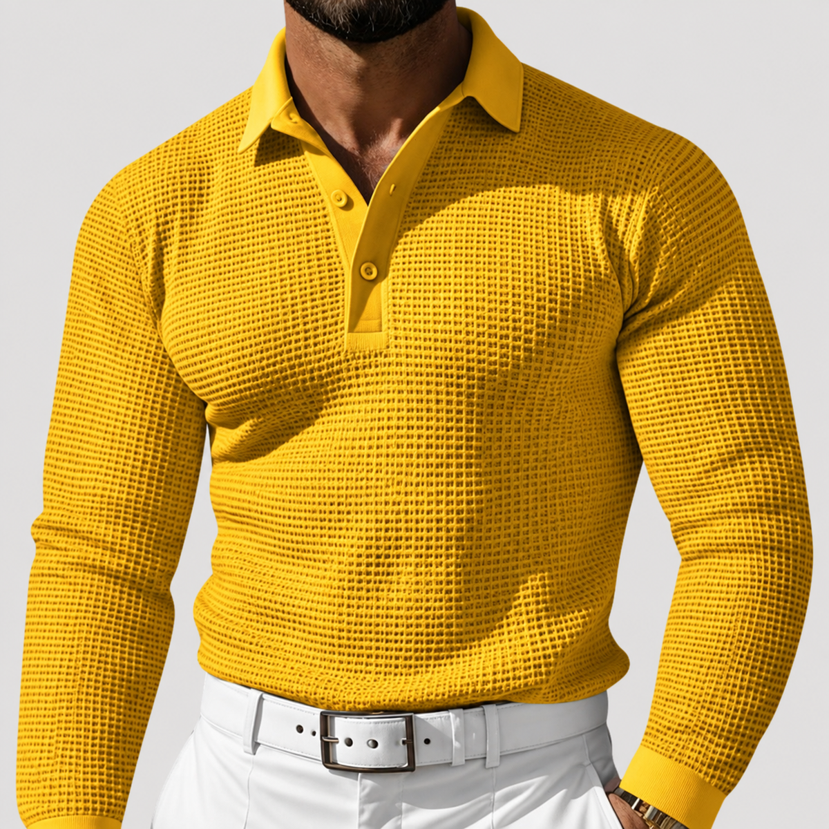 Polo à Manches Longues en Maille Gaufrée pour Homme