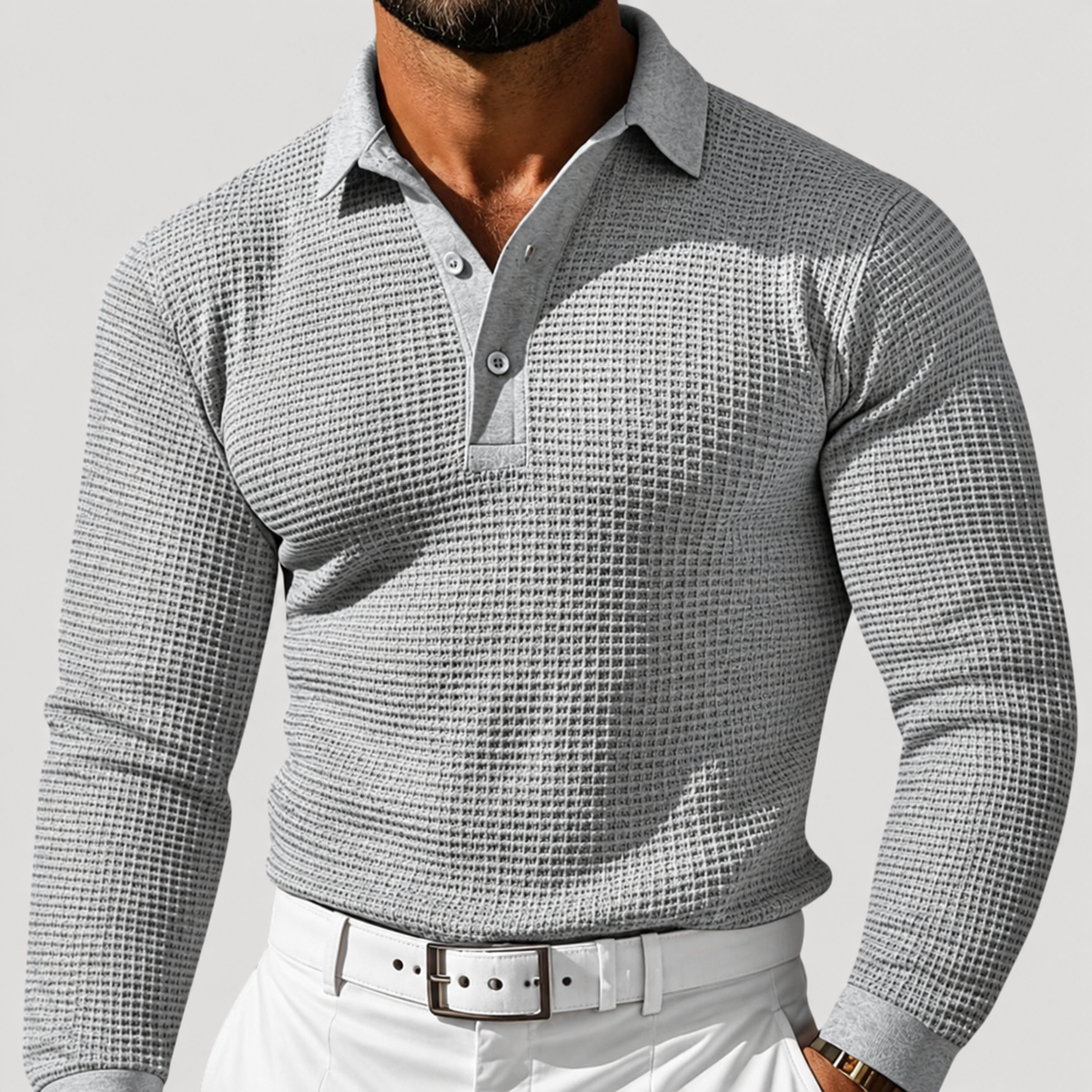 Polo à Manches Longues en Maille Gaufrée pour Homme