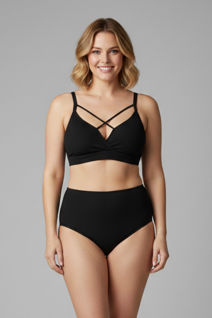 Maillot de Bain Taille Haute Femme Dos Croisé Noir