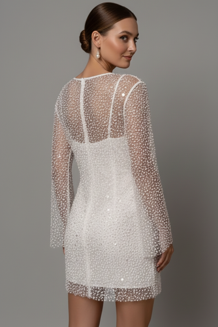 Robe courte Femme de soirée à sequins transparents manches longues