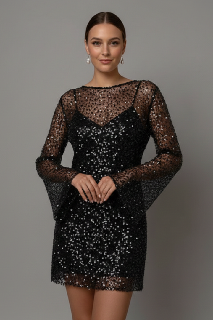 Robe courte Femme de soirée à sequins transparents manches longues