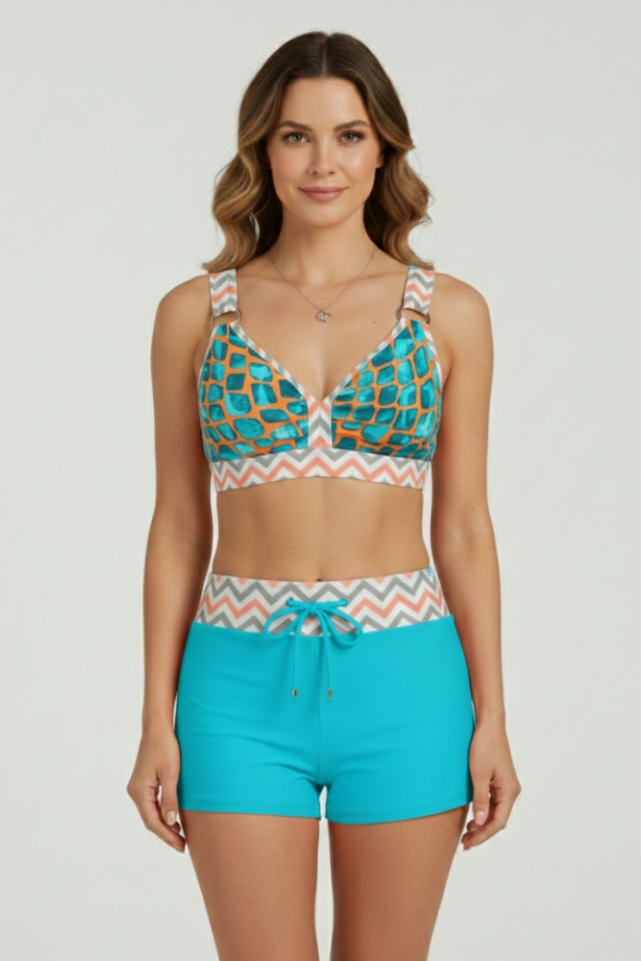 Maillot de Bain Shorty Femme Noué Imprimé Chevron