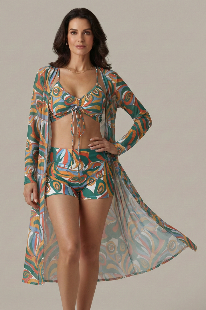 Bikini Femme imprimé avec kimono long de plage assorti