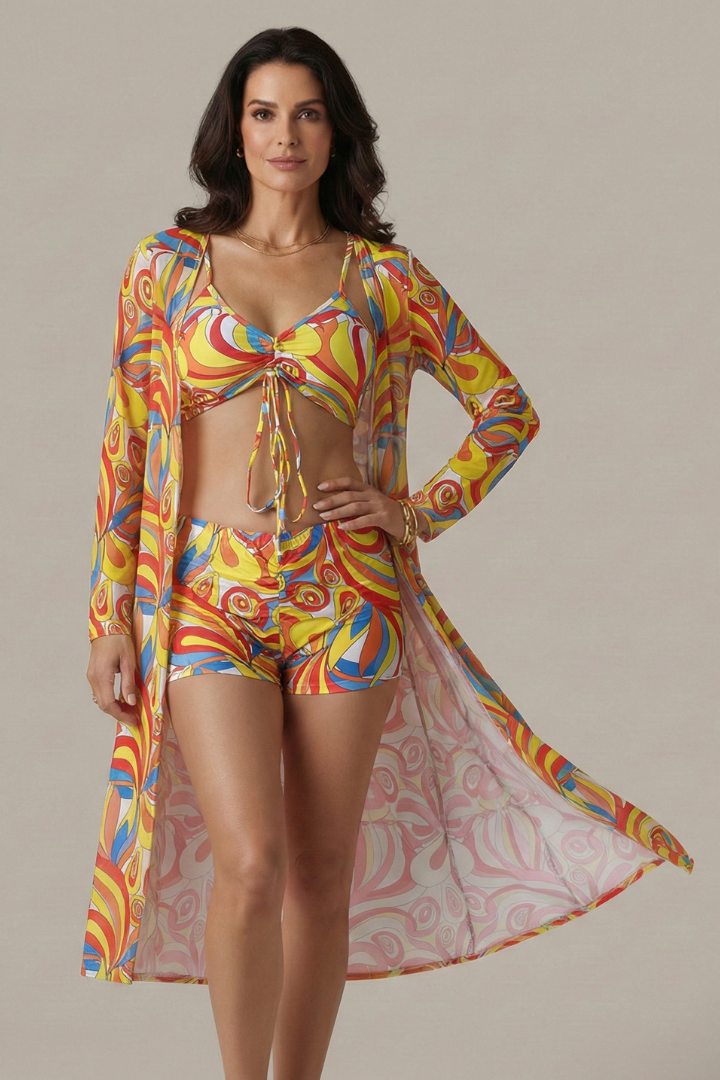 Bikini Femme imprimé avec kimono long de plage assorti