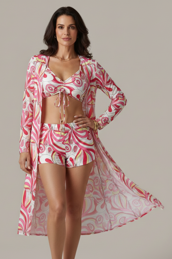 Bikini Femme imprimé avec kimono long de plage assorti