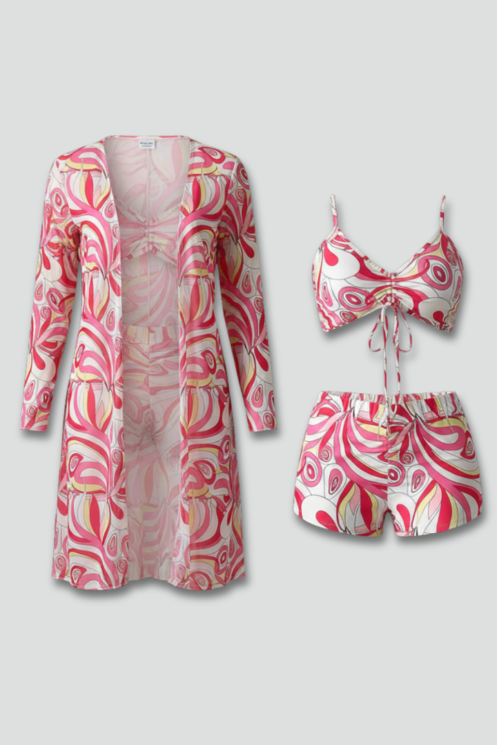 Bikini Femme imprimé avec kimono long de plage assorti