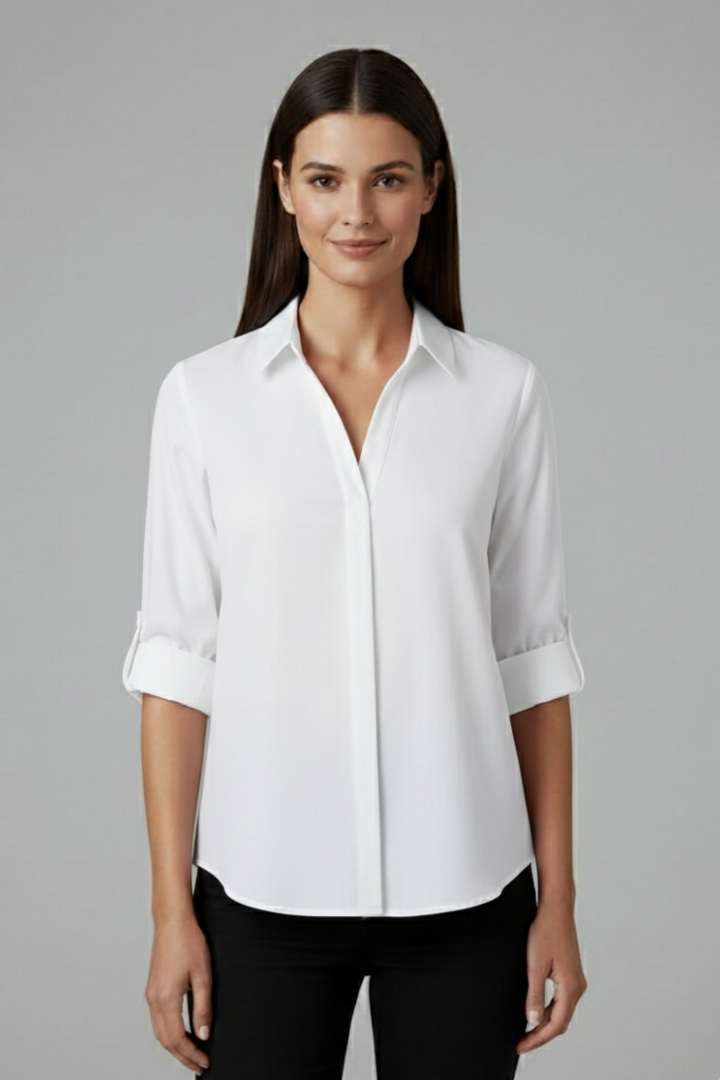 Chemisier Femme Uni Manches Retroussables Col Ouvert