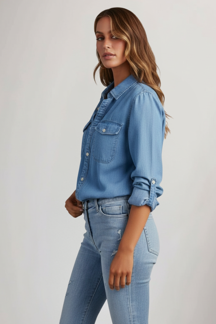Chemisier Femme en Jean Manches Retroussables