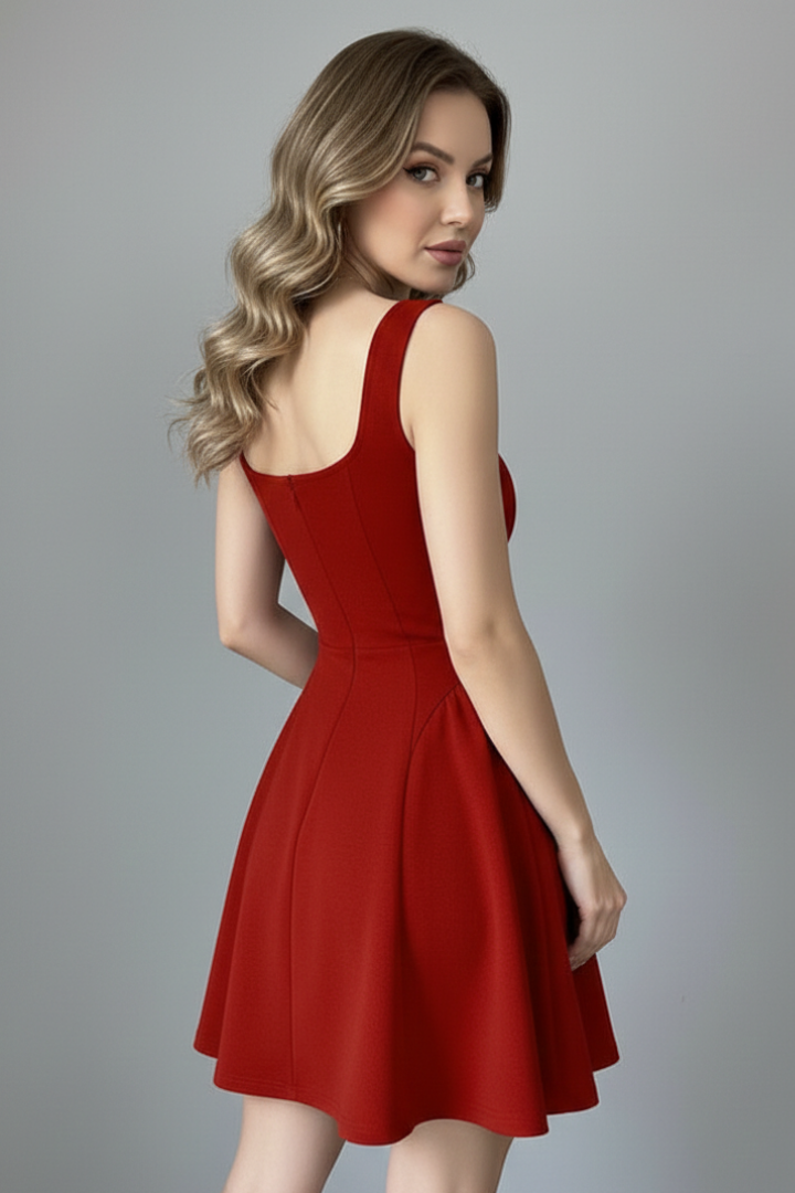 Robe Courte Femme Cocktail Évasée Col Carré