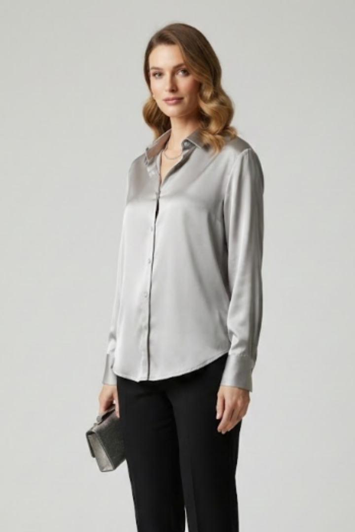 Chemisier Femme Satiné Boutonné Manches Longues
