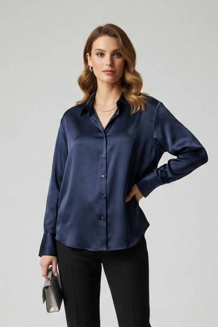 Chemisier Femme Satiné Boutonné Manches Longues