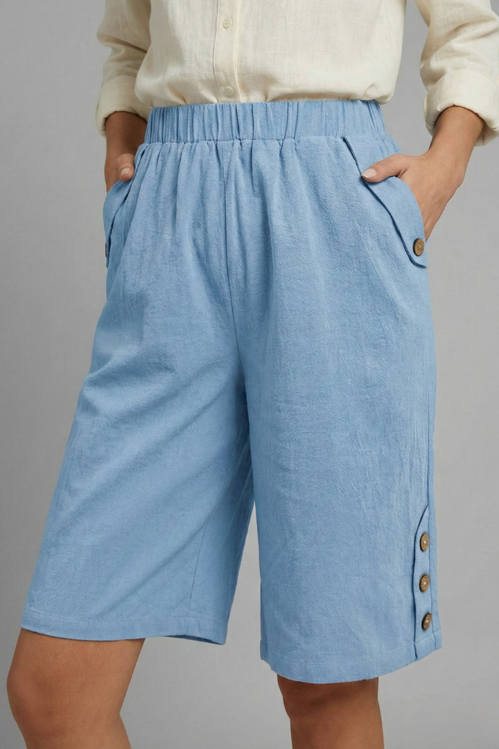 Bermuda Femme Taille Élastique à Boutons Décoratifs