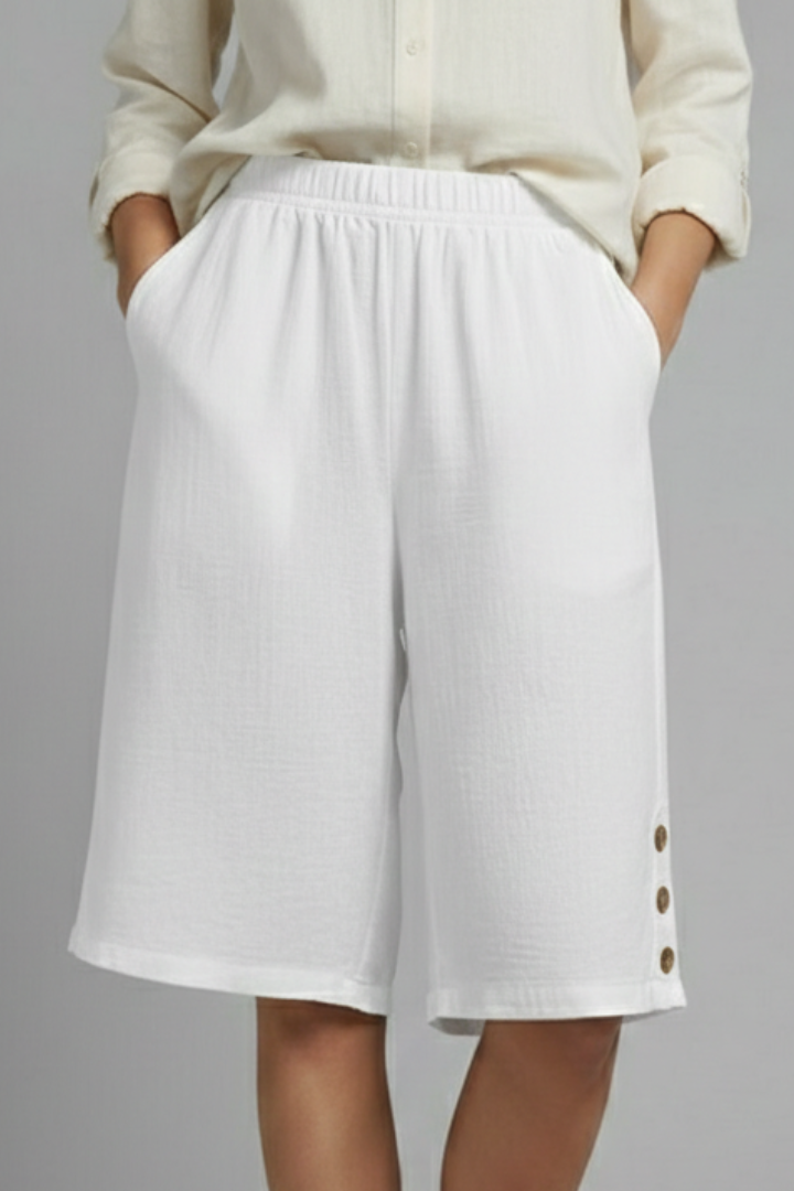 Bermuda Femme Taille Élastique à Boutons Décoratifs