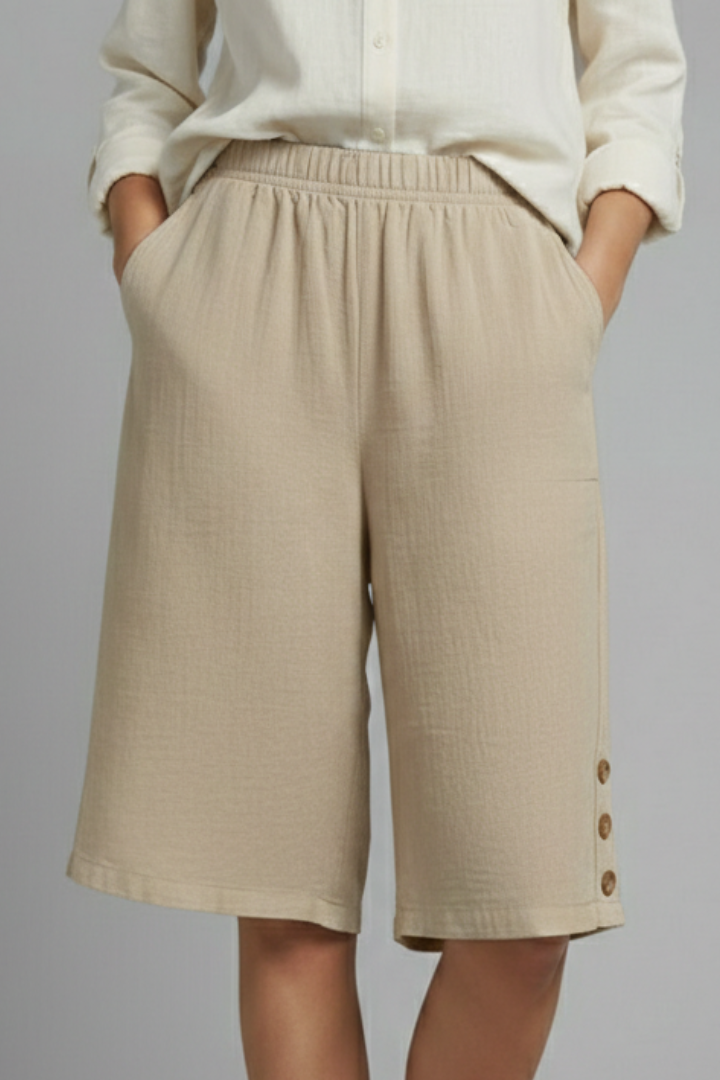 Bermuda Femme Taille Élastique à Boutons Décoratifs
