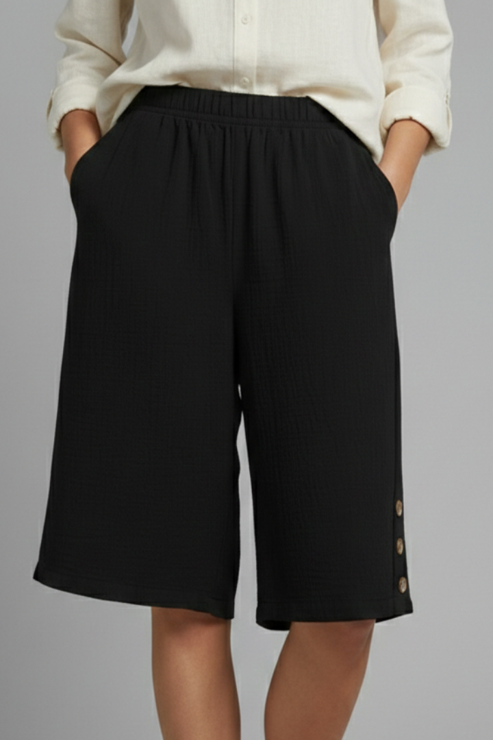 Bermuda Femme Taille Élastique à Boutons Décoratifs