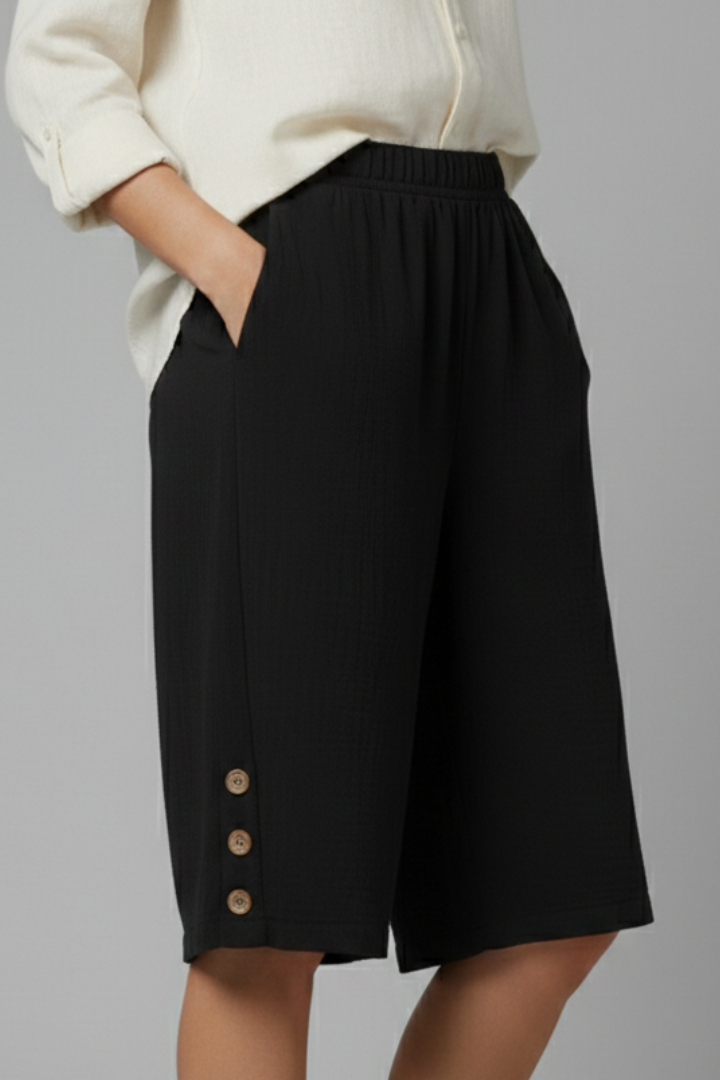 Bermuda Femme Taille Élastique à Boutons Décoratifs