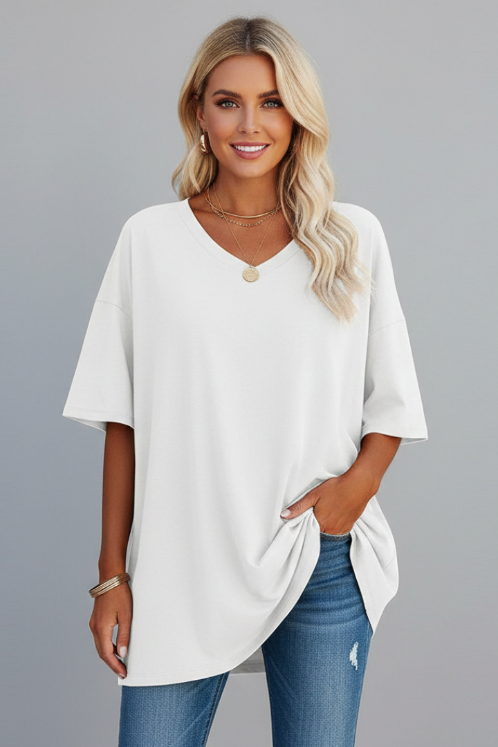 T-Shirt Femme Col V Ample Manches Courtes