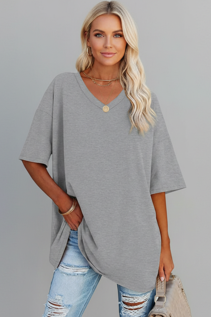 T-Shirt Femme Col V Ample Manches Courtes