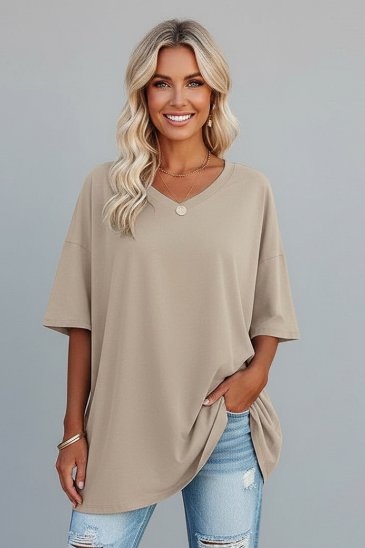 T-Shirt Femme Col V Ample Manches Courtes