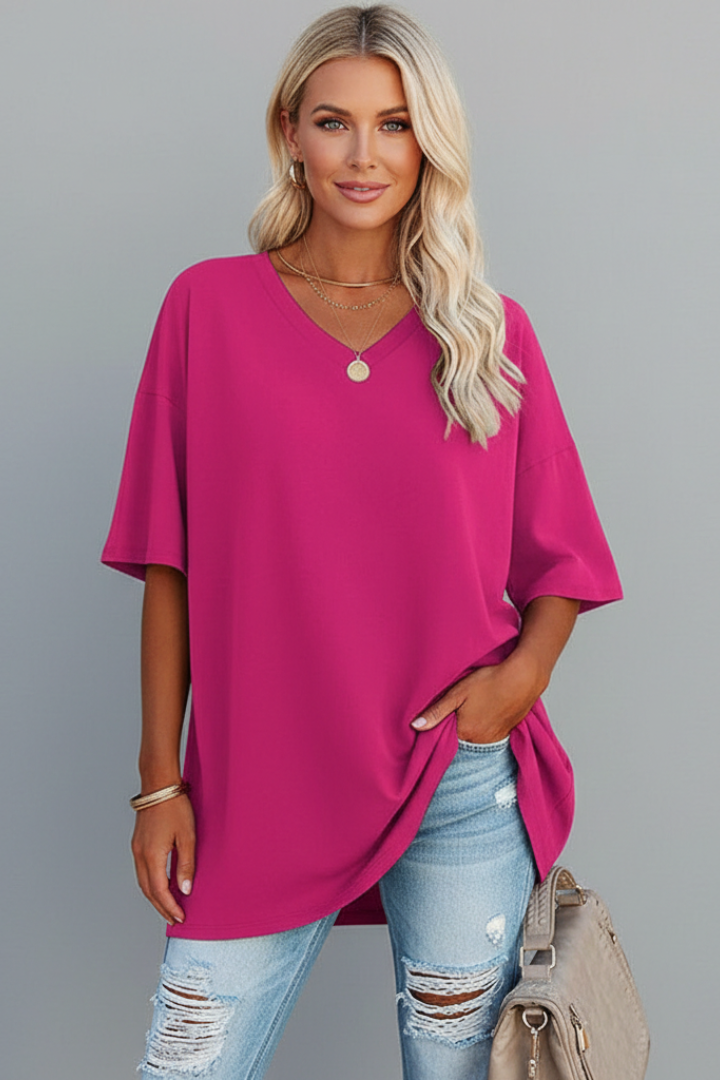 T-Shirt Femme Col V Ample Manches Courtes
