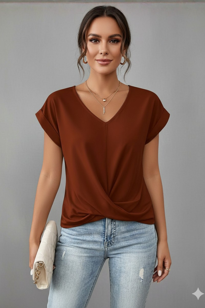 Top Femme Col V Noué Manches Courtes
