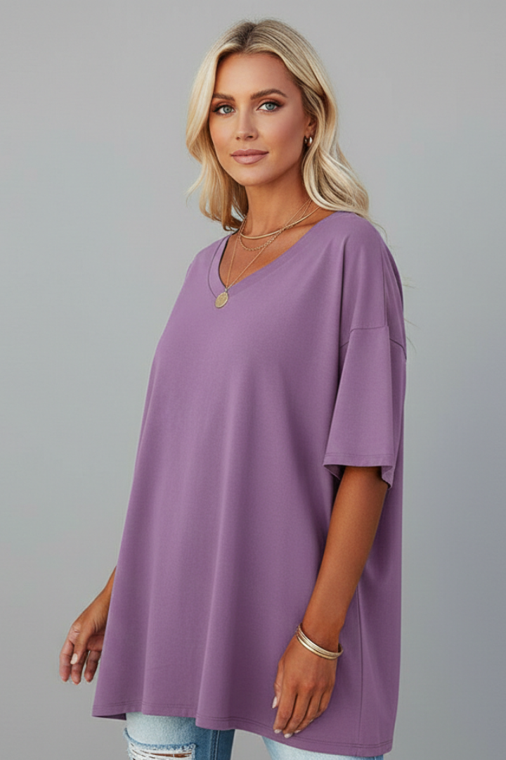 T-Shirt Femme Col V Ample Manches Courtes