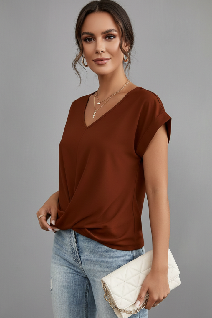 Top Femme Col V Noué Manches Courtes