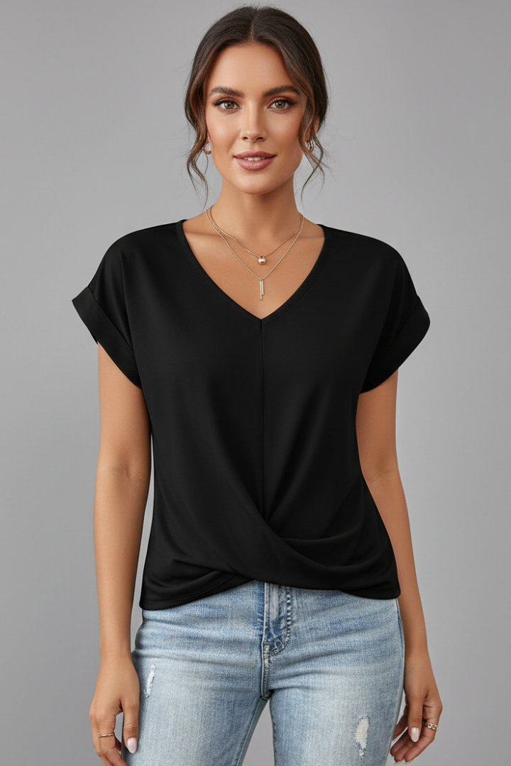Top Femme Col V Noué Manches Courtes