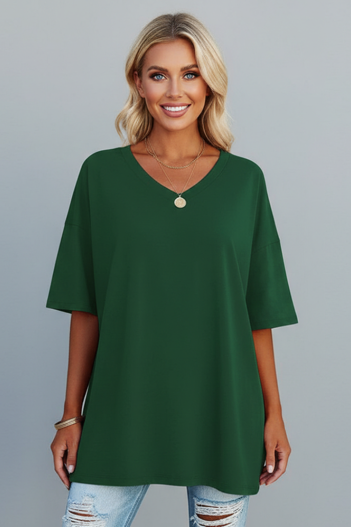 T-Shirt Femme Col V Ample Manches Courtes