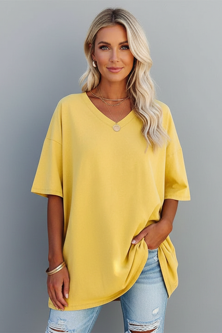 T-Shirt Femme Col V Ample Manches Courtes