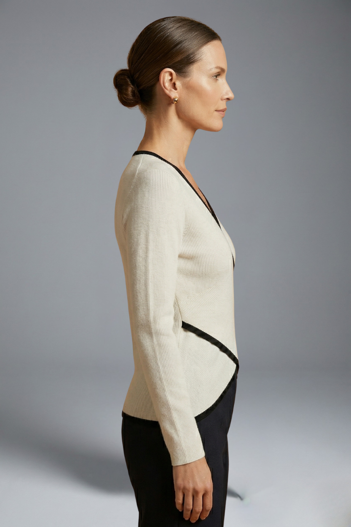 Pull Cache-Cœur Femme Chic Bicolore Ajusté