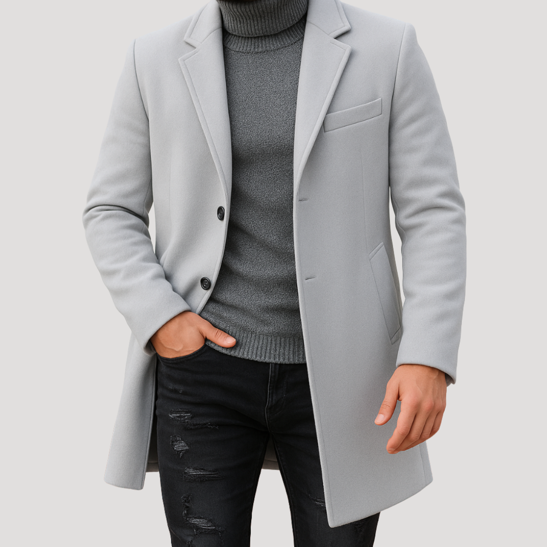 Manteau Long à Revers Crantés et Boutonnage Simple pour Homme