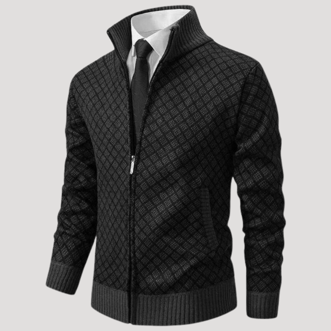 Veste Homme Zippée à Motif Losange et Col Montant
