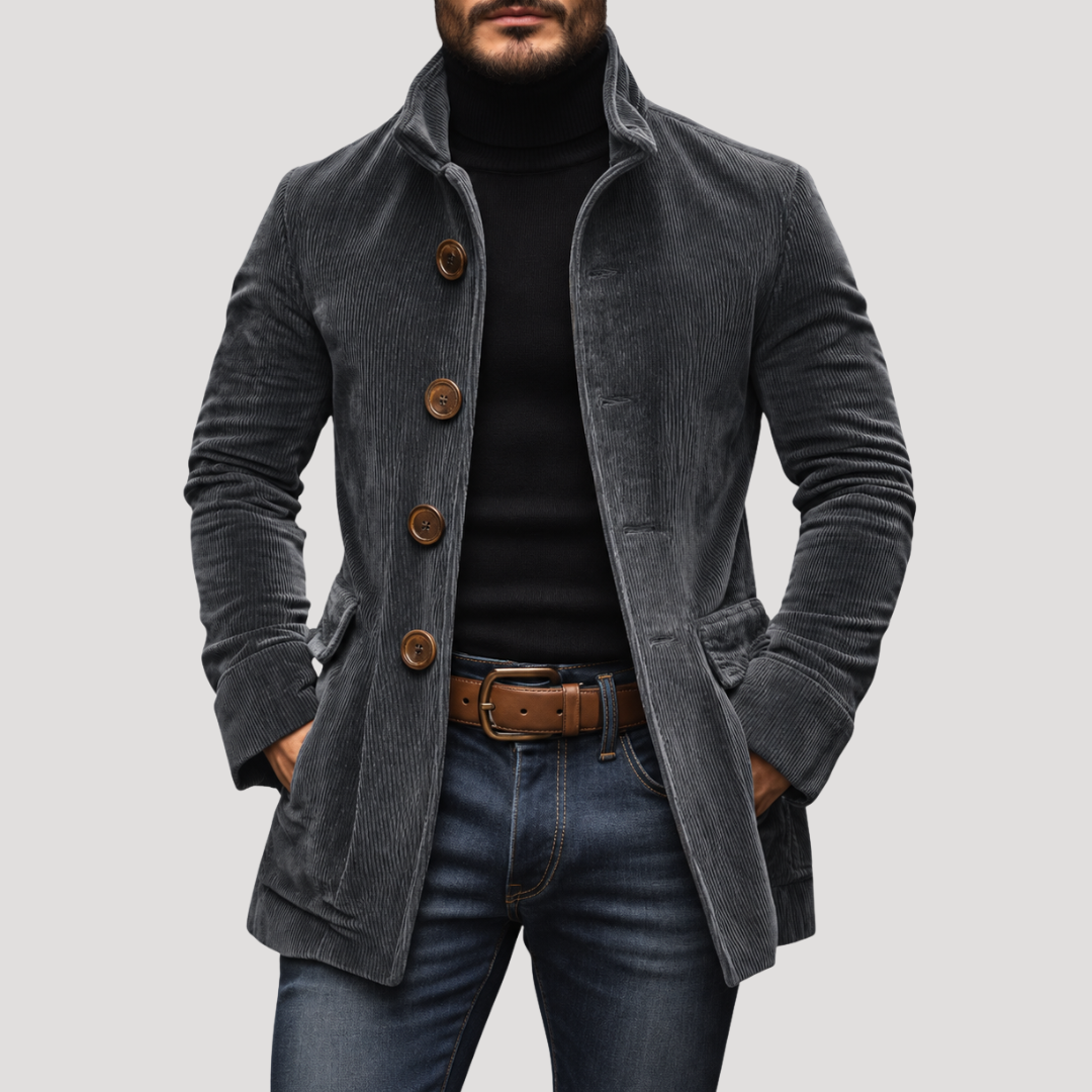 Manteau Boutonné à Col Officier Effet Velours Côtelé pour Homme