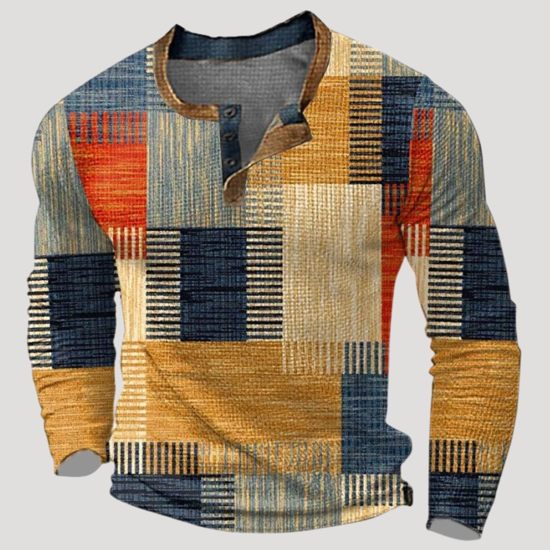Pull à Motif Patchwork et Col Boutonné pour Homme