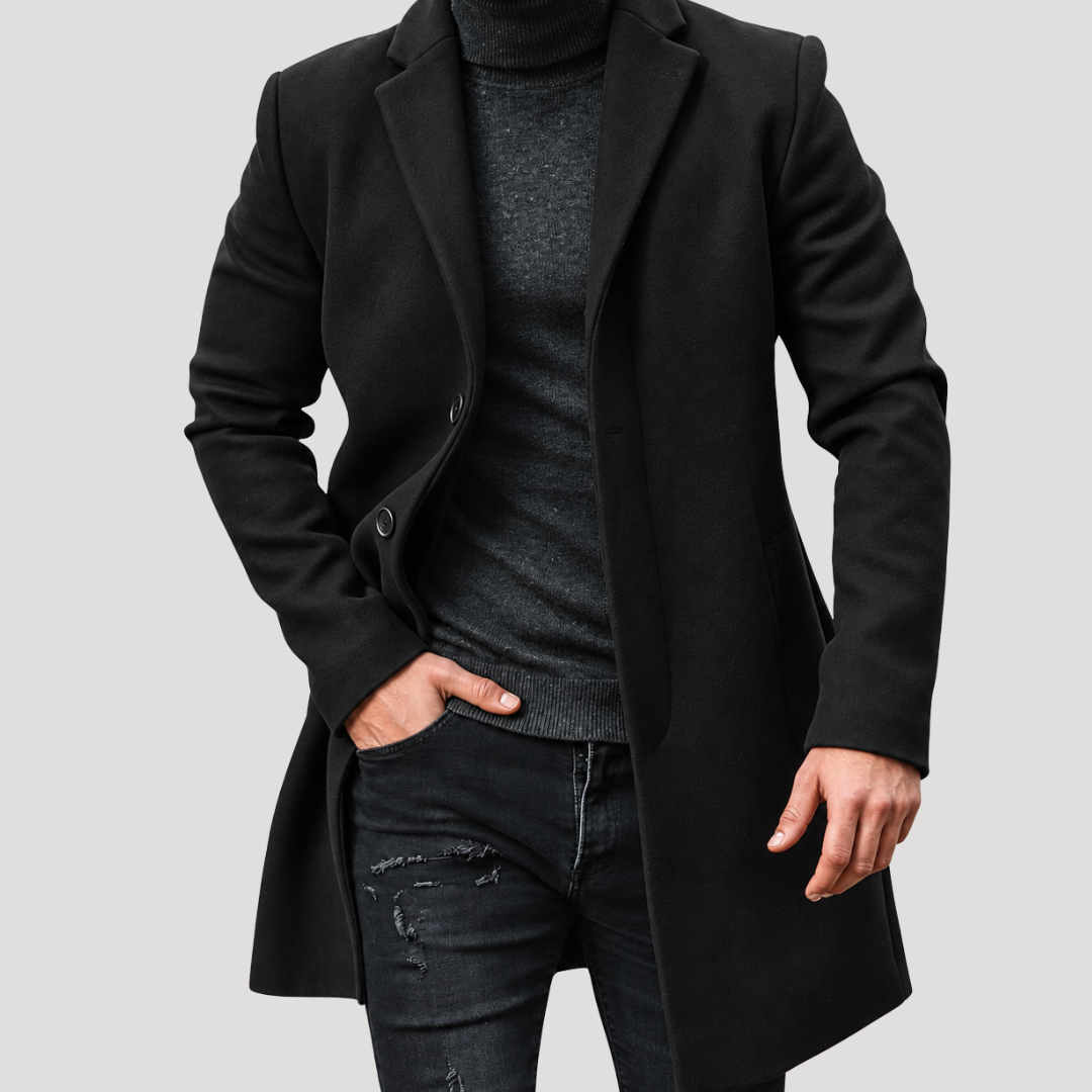 Manteau Long à Revers Crantés et Boutonnage Simple pour Homme