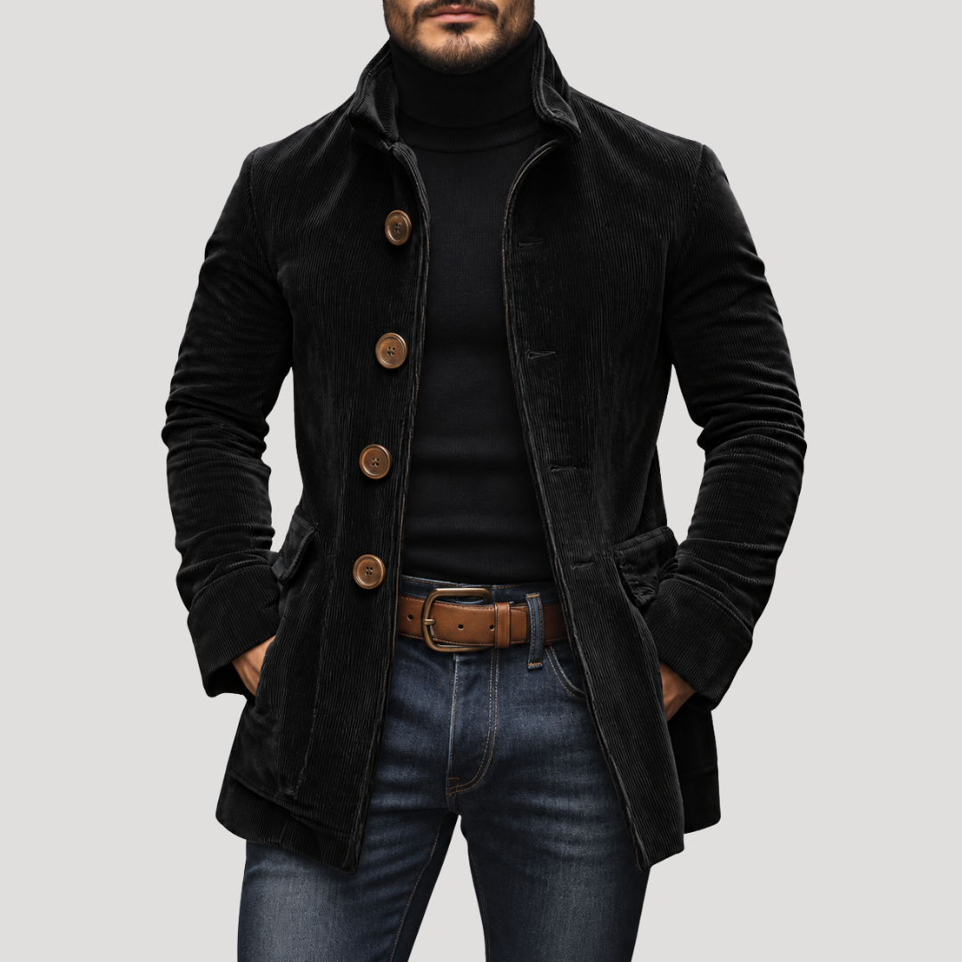 Manteau Boutonné à Col Officier Effet Velours Côtelé pour Homme