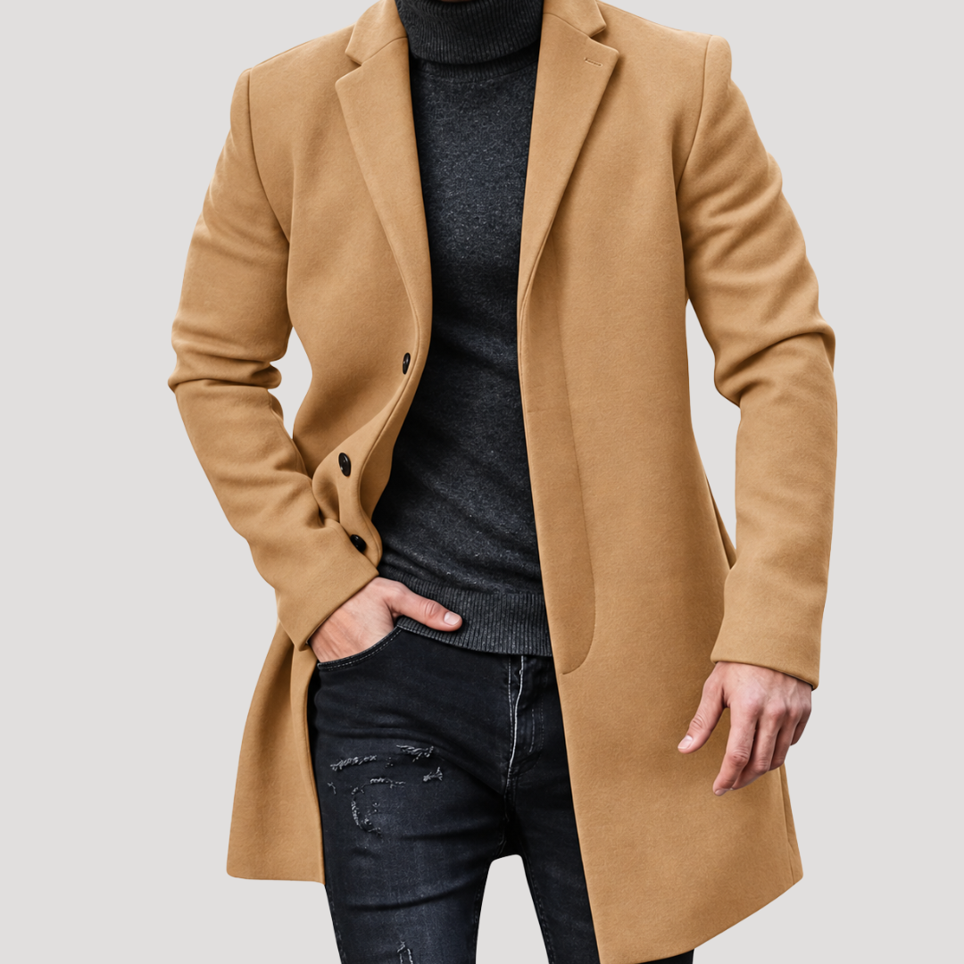 Manteau Long à Revers Crantés et Boutonnage Simple pour Homme
