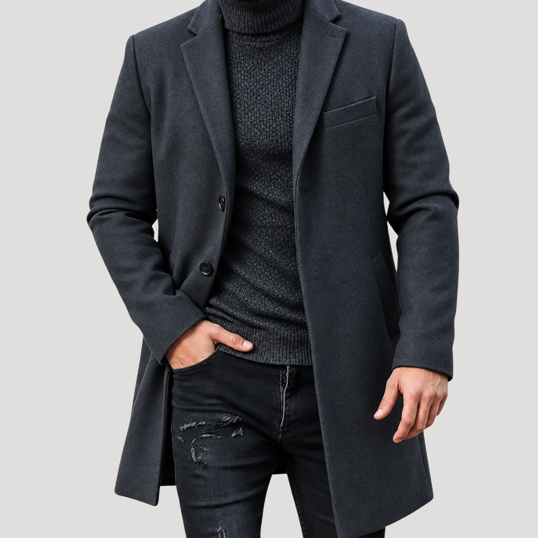Manteau Long à Revers Crantés et Boutonnage Simple pour Homme
