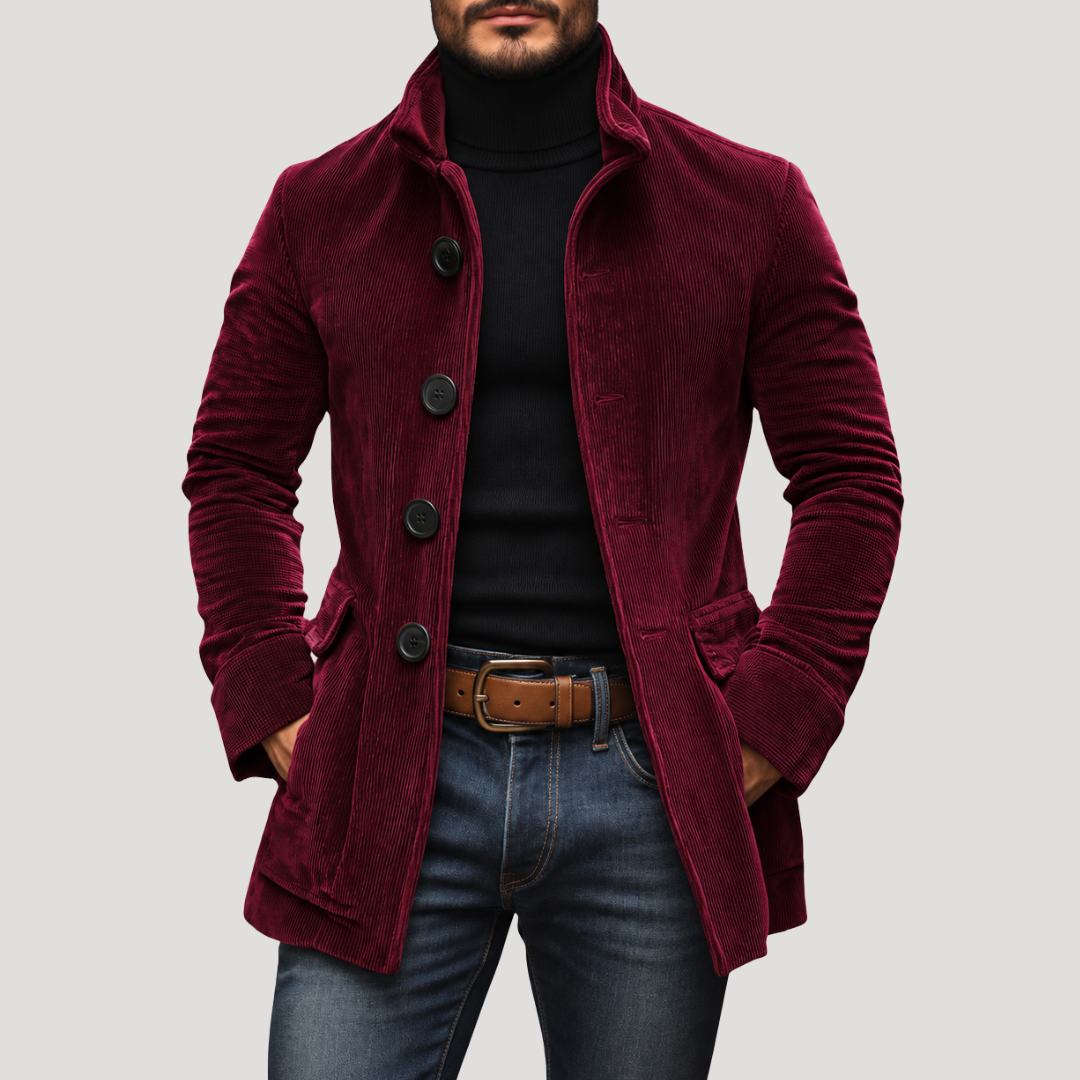 Manteau Boutonné à Col Officier Effet Velours Côtelé pour Homme