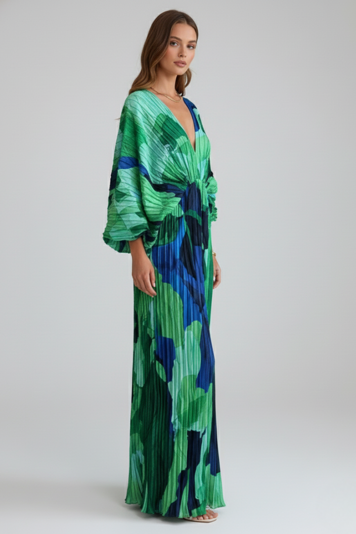 Robe longue plissée Femme bohème à col V