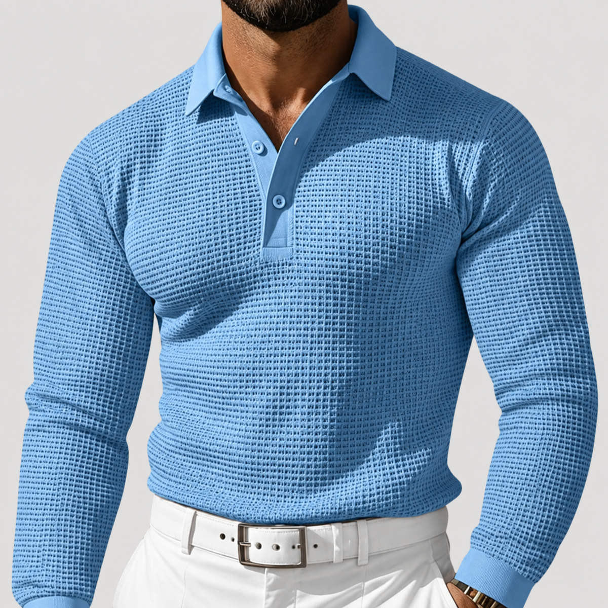 Polo à Manches Longues en Maille Gaufrée pour Homme