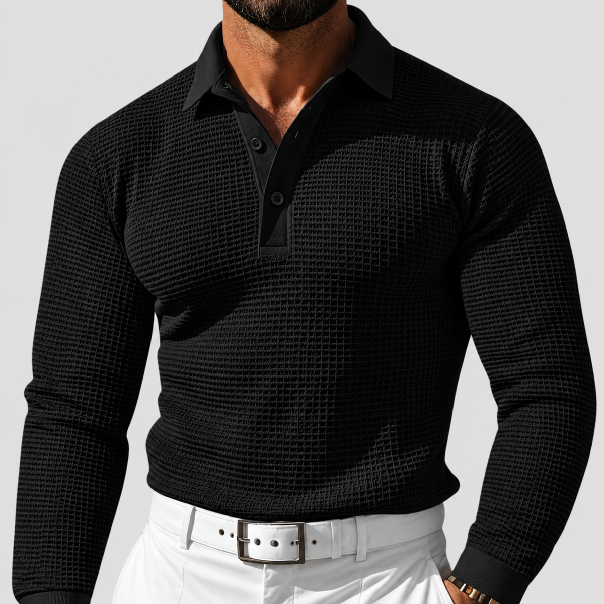 Polo à Manches Longues en Maille Gaufrée pour Homme