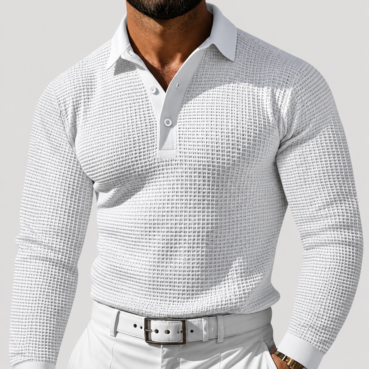 Polo à Manches Longues en Maille Gaufrée pour Homme