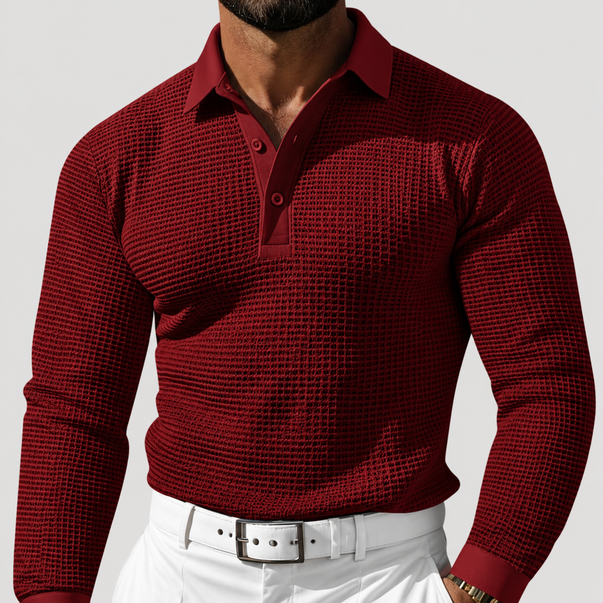 Polo à Manches Longues en Maille Gaufrée pour Homme