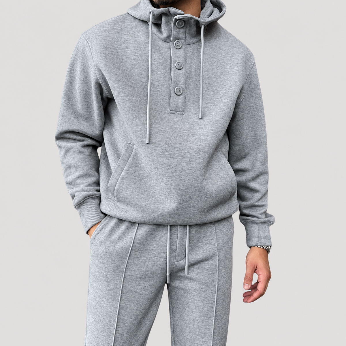 Ensemble Jogging à Capuche et Col Henley Boutonné pour Homme