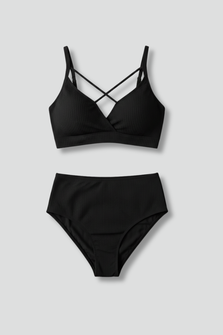 Maillot de Bain Taille Haute Femme Dos Croisé Noir