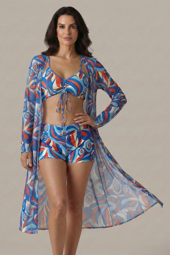 Bikini Femme imprimé avec kimono long de plage assorti